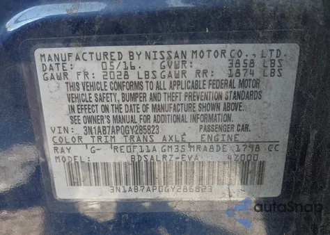 2016 Nissan Sentra Sr from USA, damaged, VIN 3N1AB7AP0GY285823